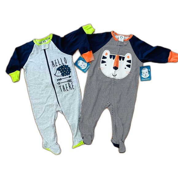 Gerber Baby Boys Colorful Zip Up 3-6m Footies (2 ct) Striped Orange Neon Yellow - Picture 1 of 13